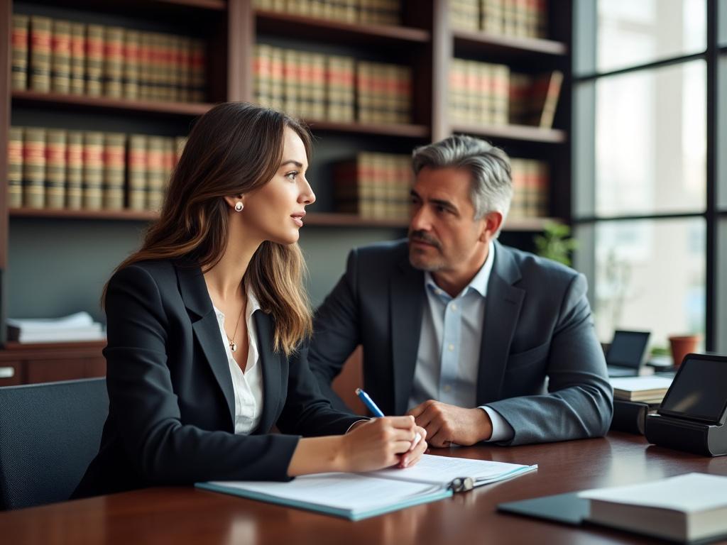 A lawyer in business attire discusses family court matters with her client in a professional law office setting.