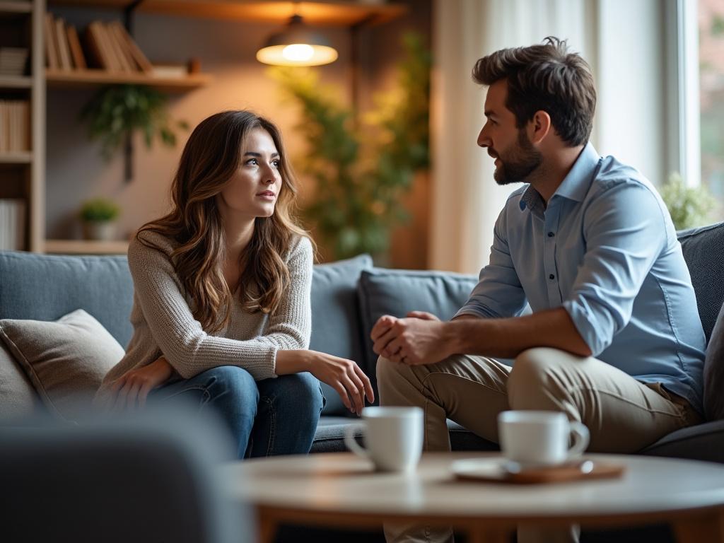 A mother contemplates dating during divorce while her supportive friend listens attentively in a cozy living room.