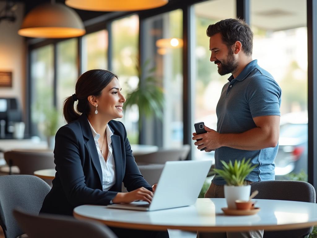 Two colleagues converse about career options in a bright office break room, exuding positivity and support.