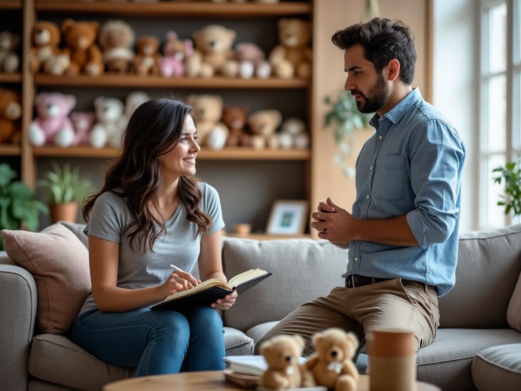 Couple discussing the division of their Beanie Baby collection in a cozy living room, surrounded by collectibles.