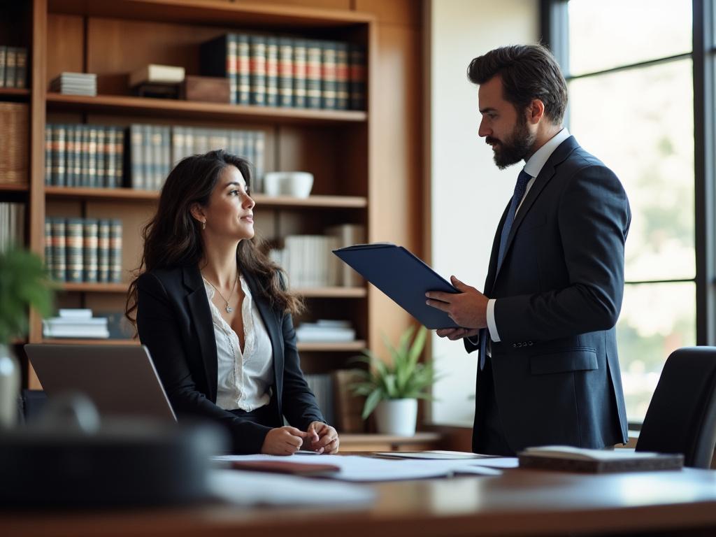 A family lawyer and a concerned parent engage in a serious discussion about parental rights in a well-lit office.