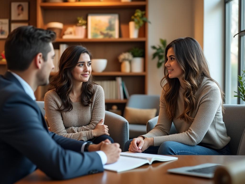 A mother consults with a counselor about parenting options in a warm, inviting office setting.