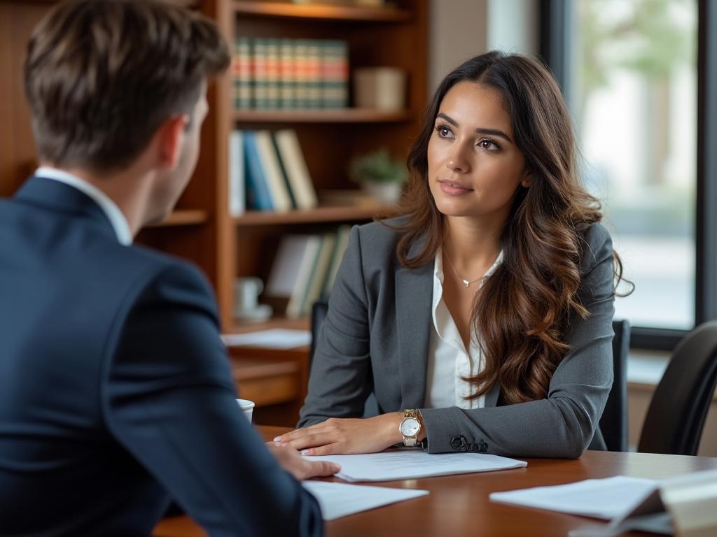 A concerned mother consults her lawyer about parental rights in a professional office setting.