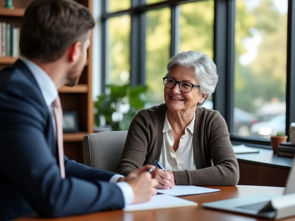 Grandparent in glasses discusses visitation rights with a family law attorney in a modern office setting.