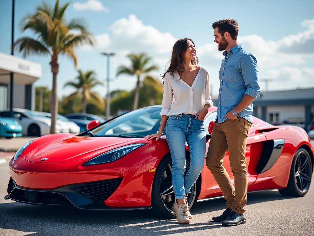 A confident woman admires a red sports car at a dealership, supported by a smiling friend beside her.