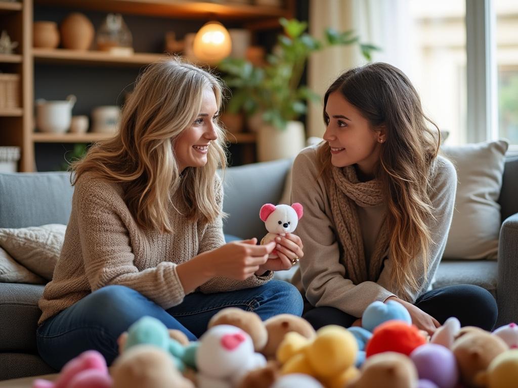 Two sisters excitedly discuss their Beanie Babies collection in a cozy, sunlit living room.